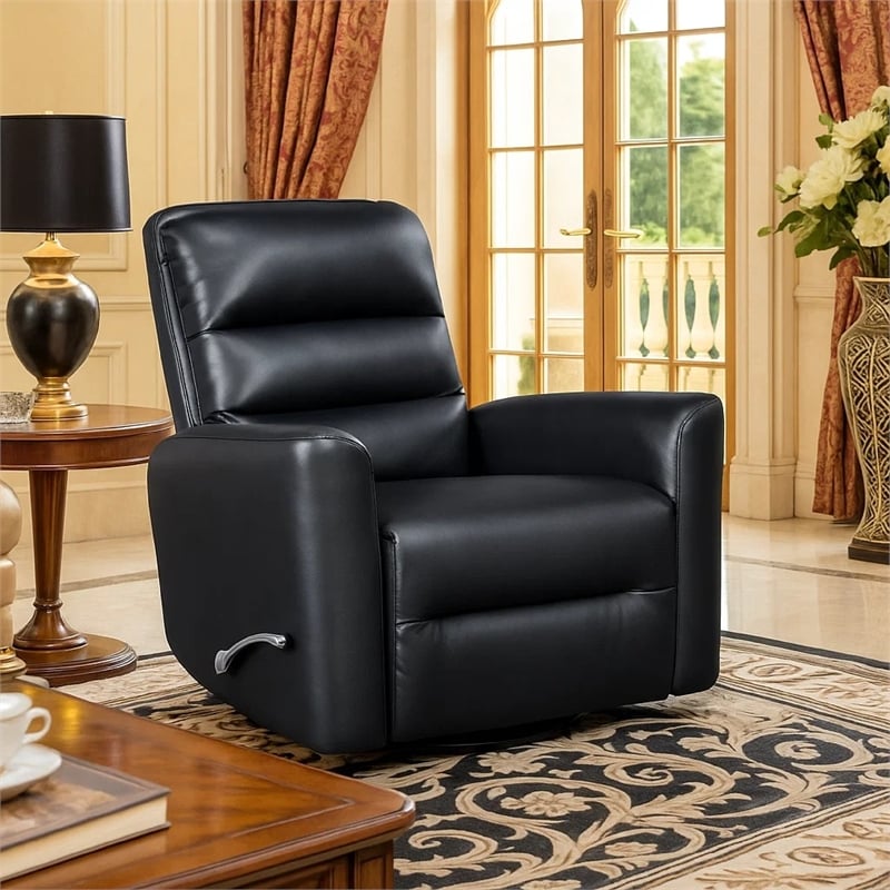 Demy Swivel Glider Manual Reclining Chair- Black Faux Leather Cushions