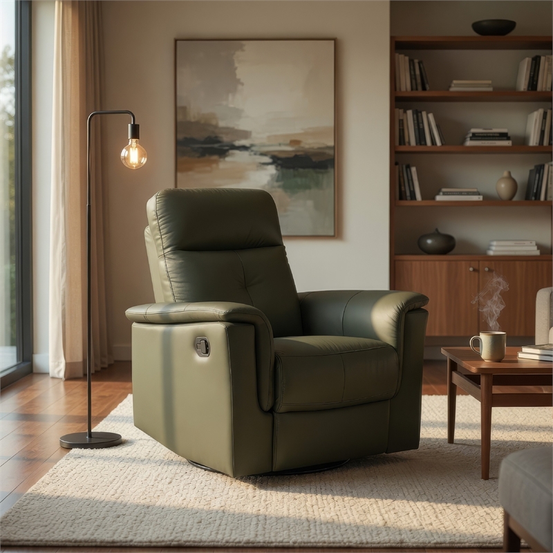 Rem Swivel Glider Manual Reclining Chair- Green Top Grain Leather