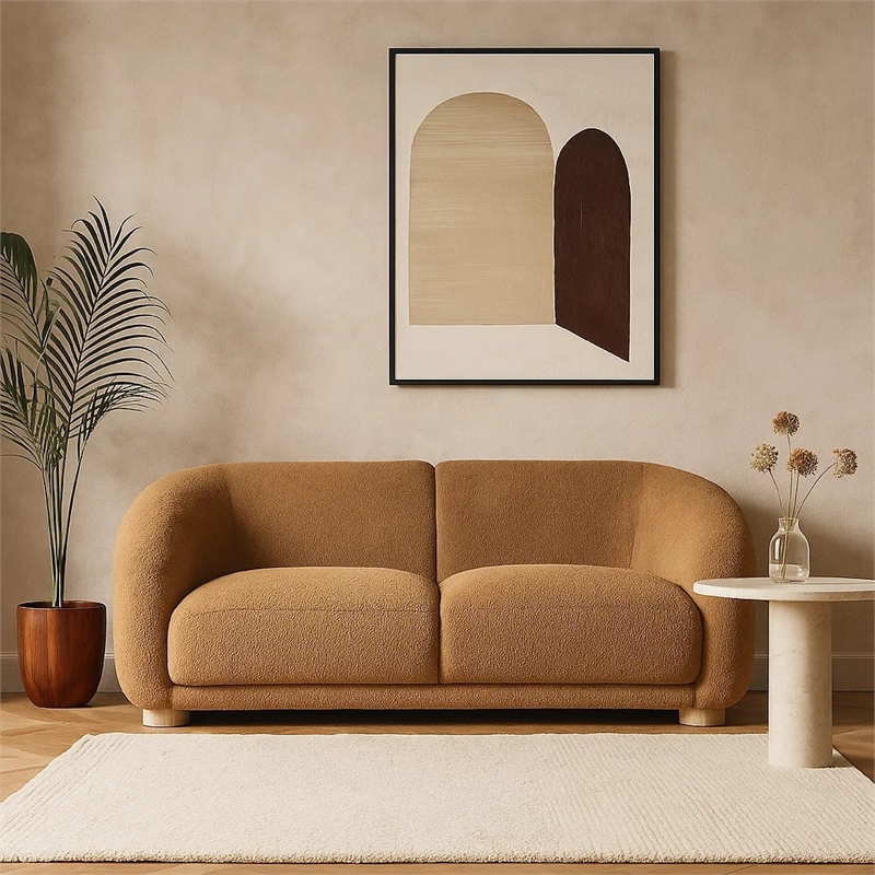 Oliver Loveseat with Round Sloped Arms- Soft Brown Boucle 68 Inch