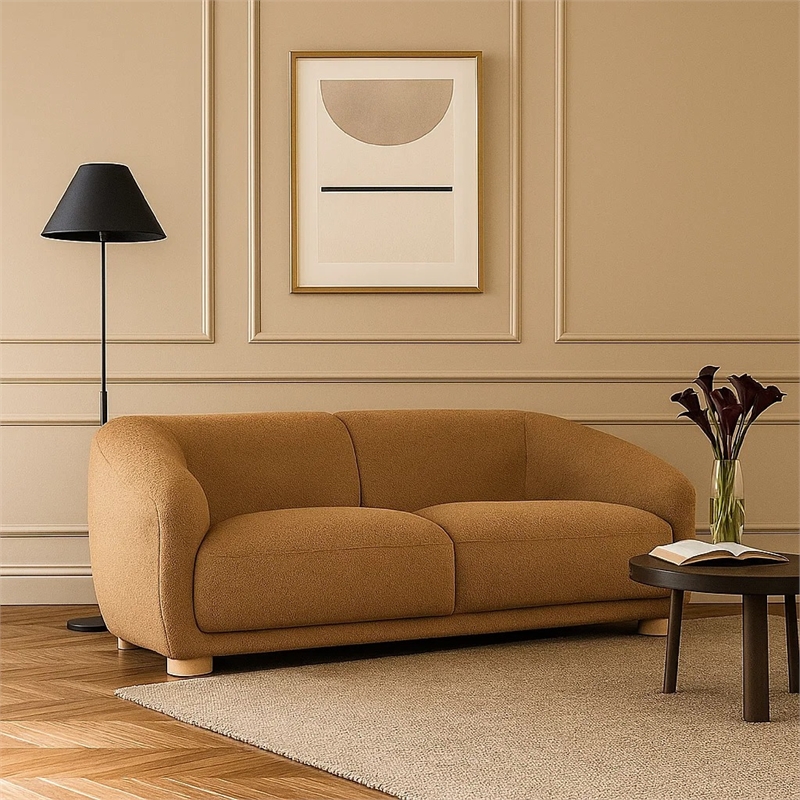 Oliver Sofa with Round Back Sloped Arms- Soft Brown Boucle 88 Inch