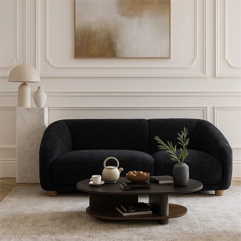 Oliver Sofa with Round Back Sloped Arms- Soft Black Chenille 88 Inch