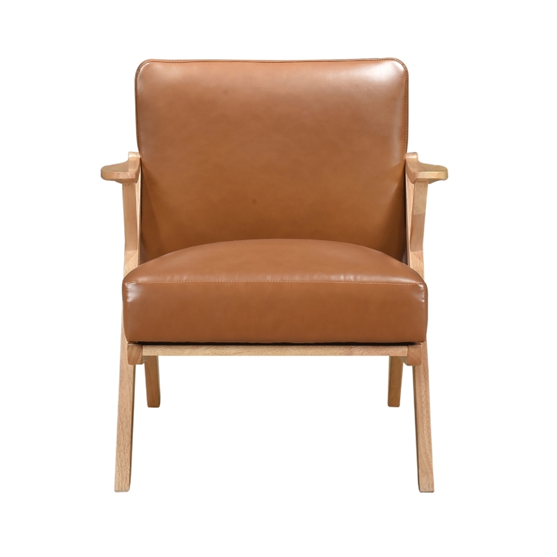 Gya Accent Chair- Brown Faux Leather- Natural Brown Rubberwood