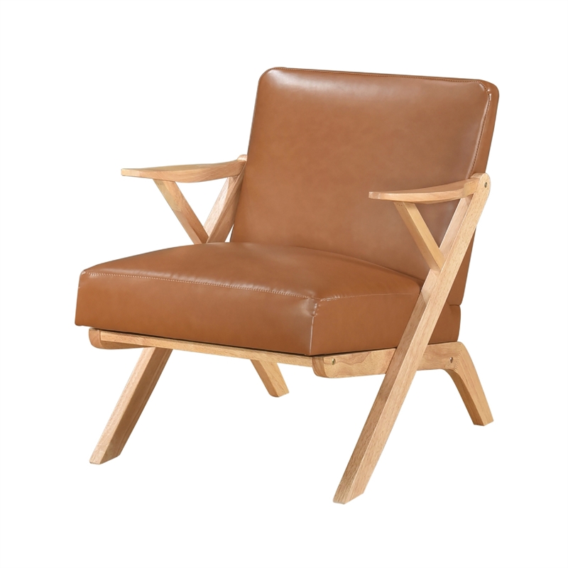 Gya Accent Chair- Brown Faux Leather- Natural Brown Rubberwood