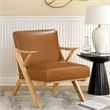 Gya Accent Chair- Brown Faux Leather- Natural Brown Rubberwood