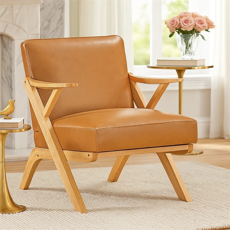 Gya Accent Chair- Brown Faux Leather- Natural Brown Rubberwood