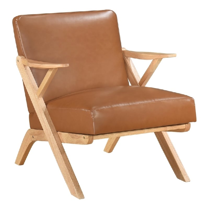 Gya Accent Chair- Brown Faux Leather- Natural Brown Rubberwood