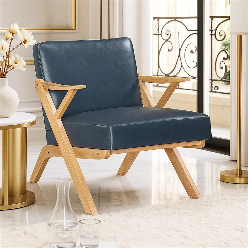 Gya Accent Chair- Blue Faux Leather- Natural Brown Rubberwood