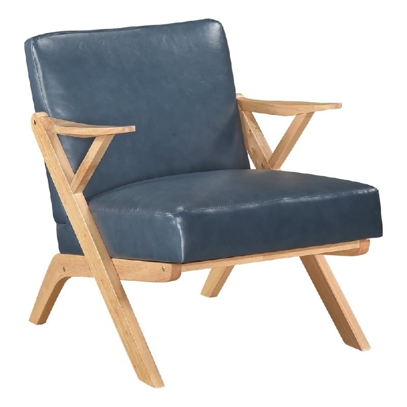 Gya Accent Chair- Blue Faux Leather- Natural Brown Rubberwood