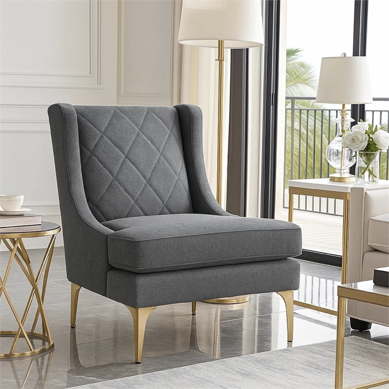 Svy Wingback Accent Chair- Dark Gray Chenille Cushion- Gold Metal Legs
