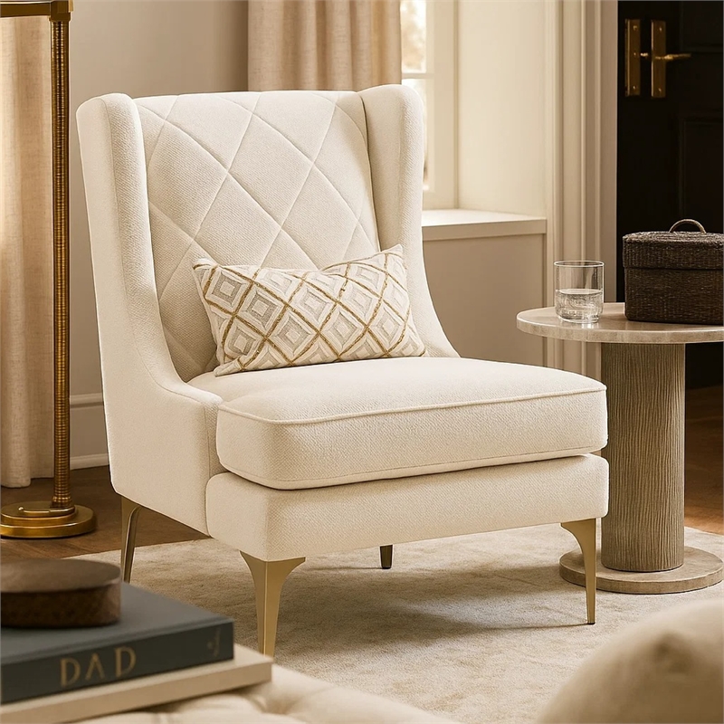 Svy Wingback Accent Chair- Taupe Chenille Cushion- Gold Metal Legs