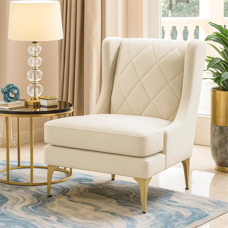 Svy Wingback Accent Chair- Taupe Chenille Cushion- Gold Metal Legs