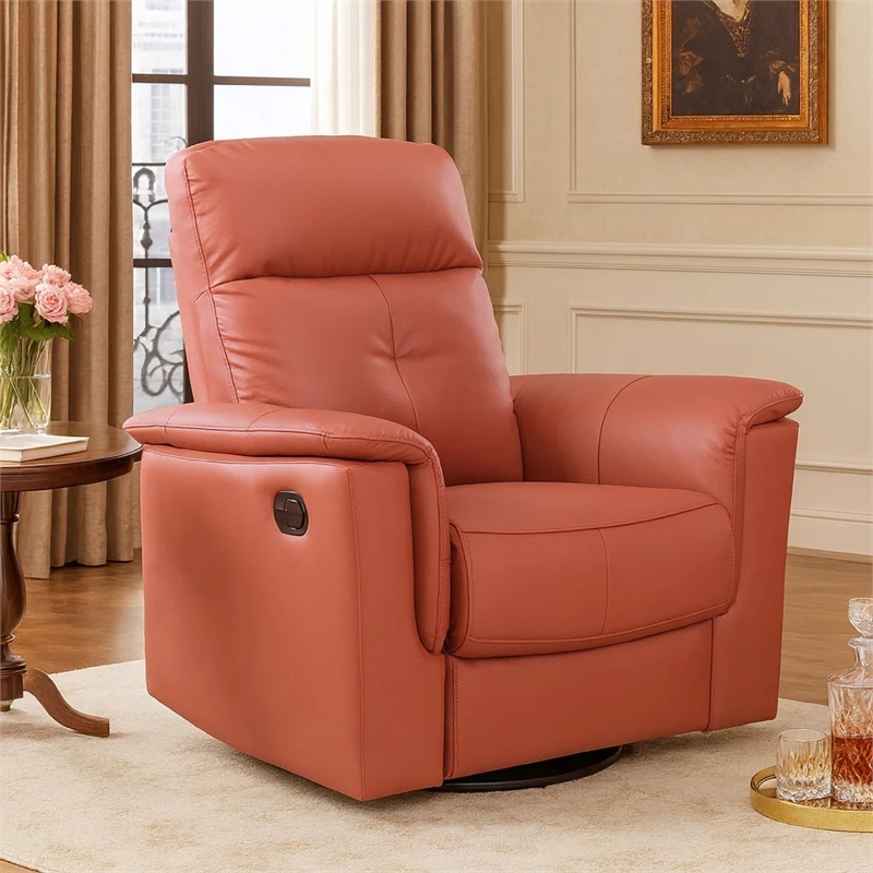 Rem Swivel Glider Manual Reclining Chair- Coral Red Top Grain Leather