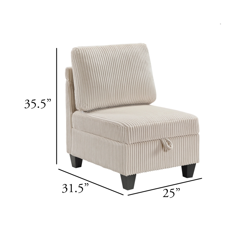 Wely Armless Chair w Hidden Storage- Beige Corduroy Seat and Back