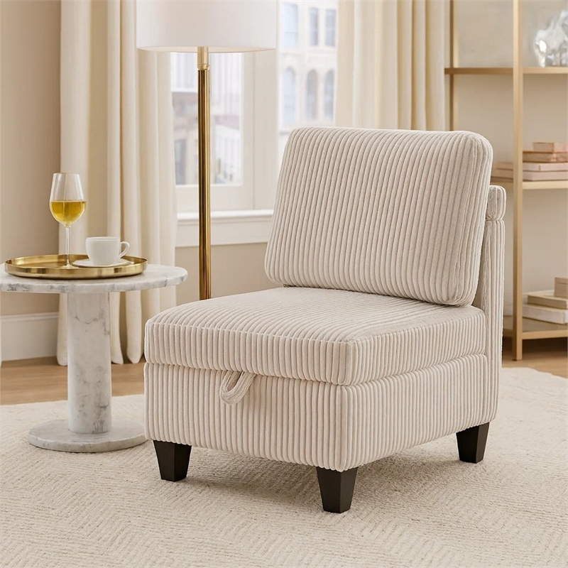 Wely Armless Chair w Hidden Storage- Beige Corduroy Seat and Back