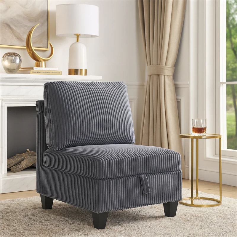 Wely Armless Chair w Hidden Storage- Dark Gray Corduroy Seat and Back