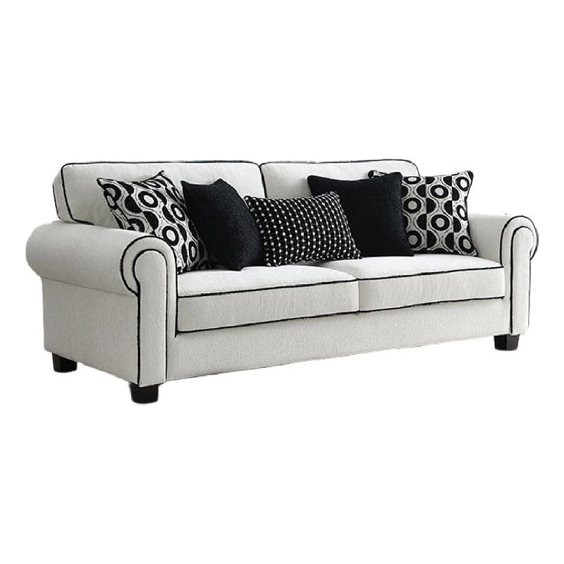 Viani Sofa- Roll Arms- Flange Trim- 5 Pillows- White Chenille 87 Inch