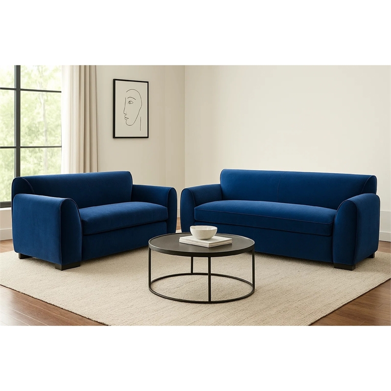 Sero 2pc Sofa and Loveseat Set- Bench Style Seat- Royal Blue Velvet