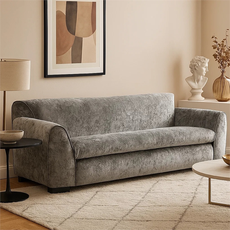 Sero Sofa- Padded Bench Style Seat- Modern Dark Gray Velvet 89 Inch