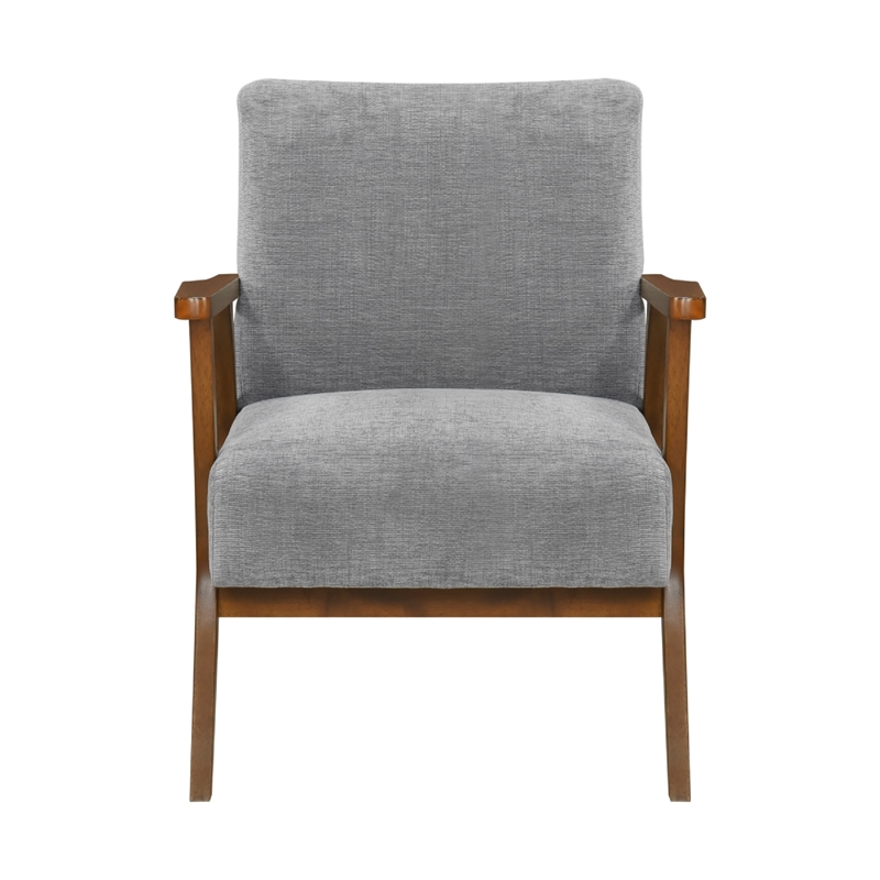 ary armchair- gray chenille cushion- chestnut brown solid rubberwood