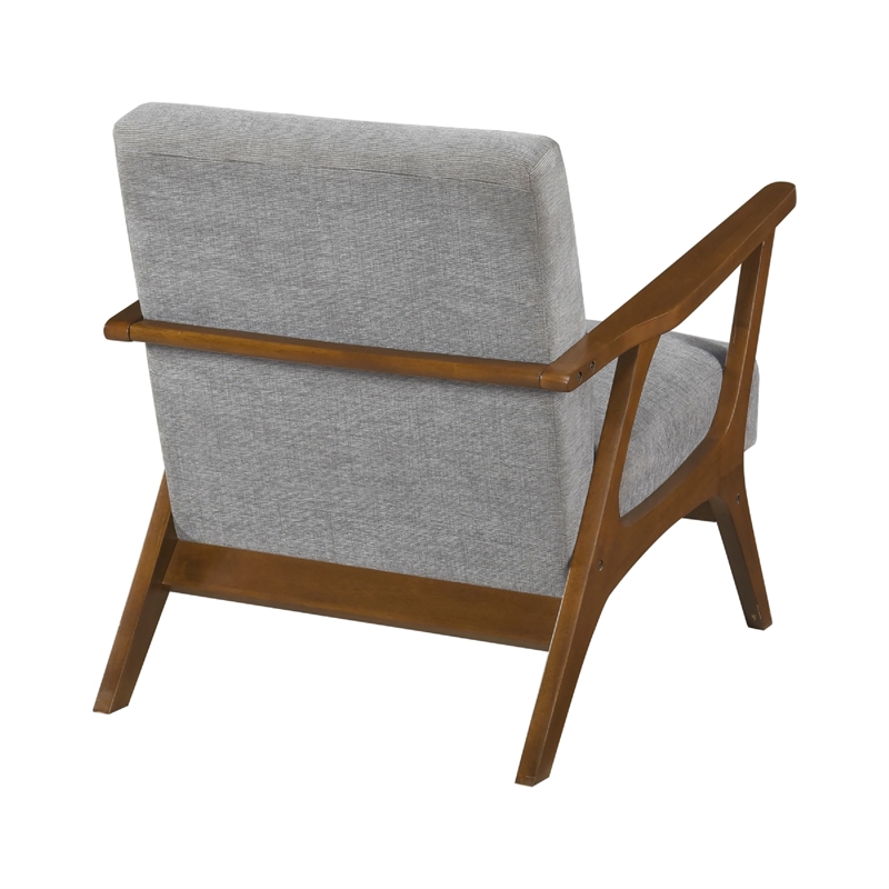 ary armchair- gray chenille cushion- chestnut brown solid rubberwood