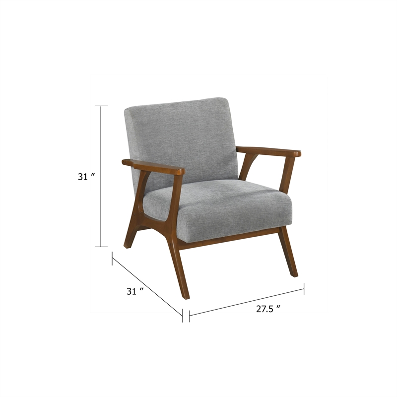 ary armchair- gray chenille cushion- chestnut brown solid rubberwood