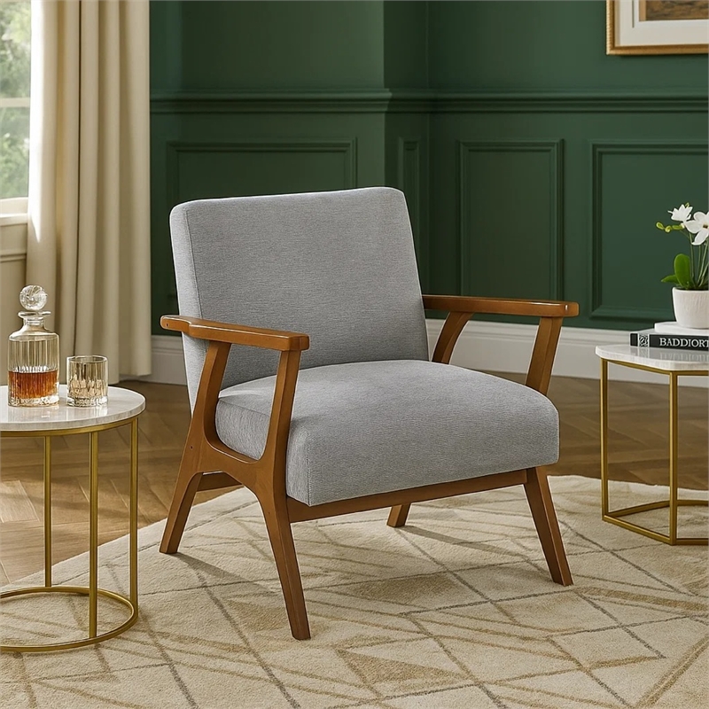 ary armchair- gray chenille cushion- chestnut brown solid rubberwood