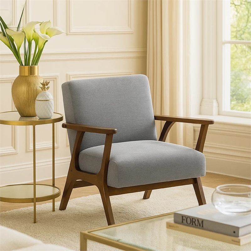 ary armchair- gray chenille cushion- chestnut brown solid rubberwood