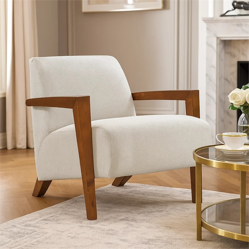 Demy Accent Armchair- Beige Chenille Cushion- Chestnut Brown Solid Wood