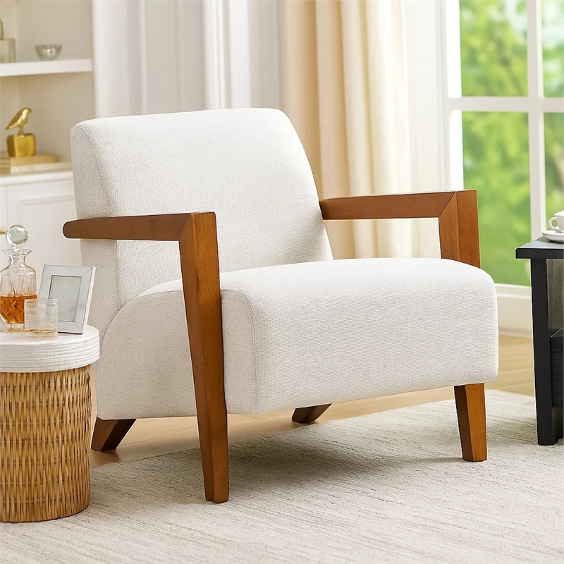 Demy Accent Armchair- Beige Chenille Cushion- Chestnut Brown Solid Wood