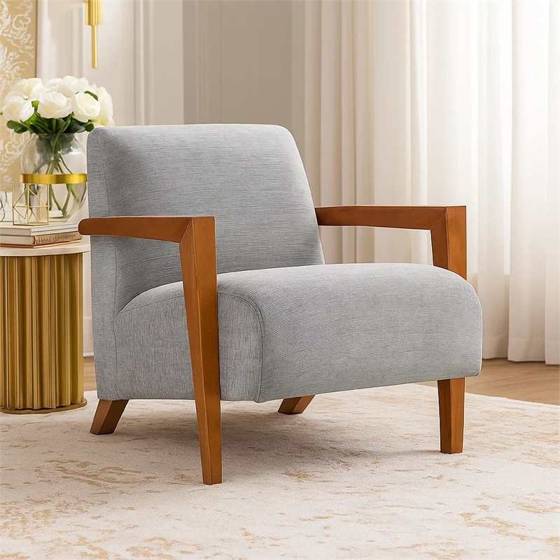 Demy Accent Armchair- Gray Chenille Cushion- Chestnut Brown Solid Wood
