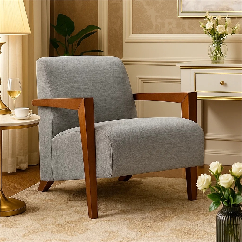 Demy Accent Armchair- Gray Chenille Cushion- Chestnut Brown Solid Wood