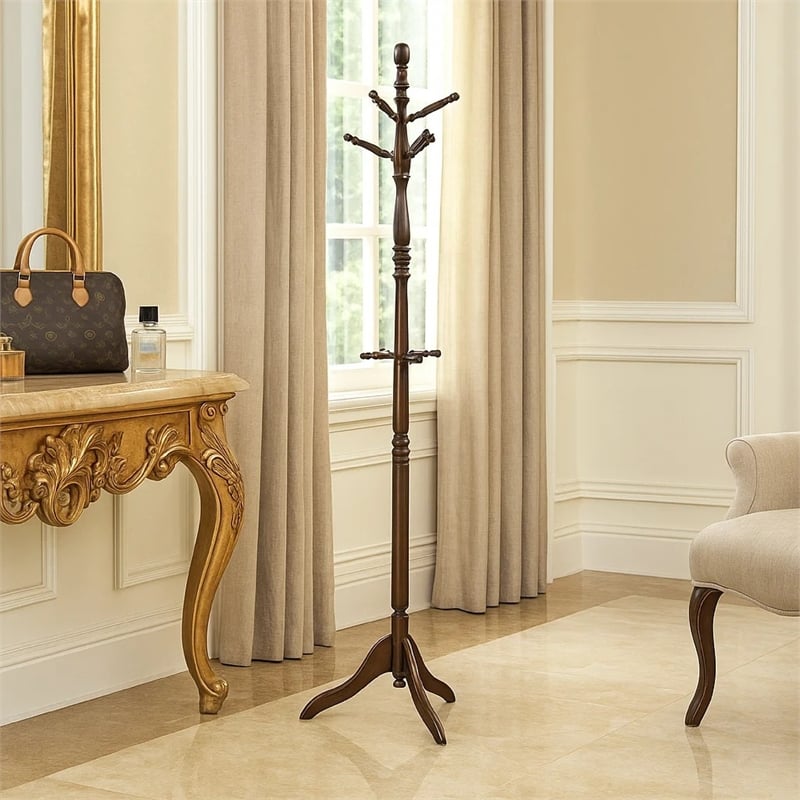 Moy 3 Tier Coat Rack with 10 Hooks- 72 Inch Dark Brown Solid Wood