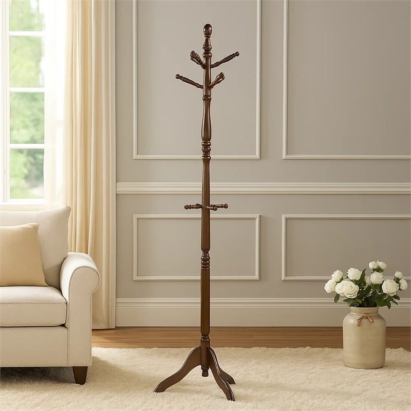 Moy 3 Tier Coat Rack with 10 Hooks- 72 Inch Dark Brown Solid Wood
