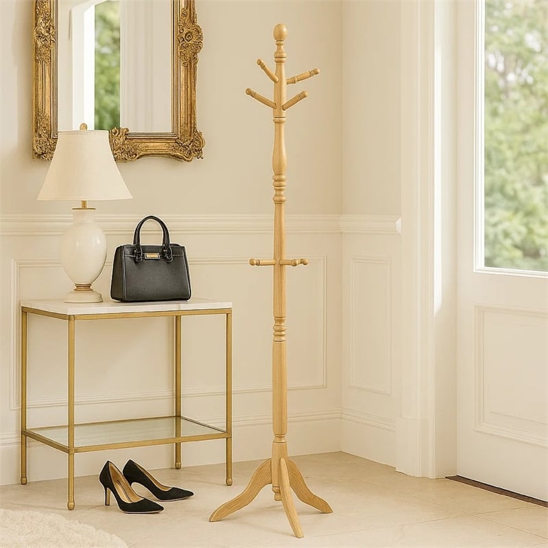 Moy 3 Tier Coat Rack with 10 Hooks- 72 Inch Natural Brown Solid Wood