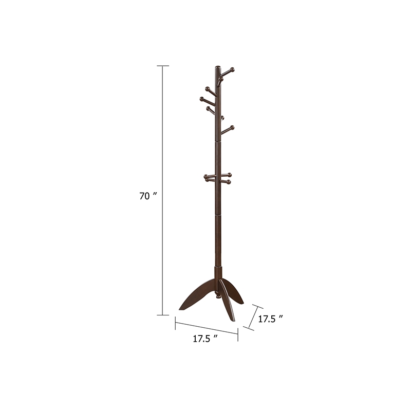 Pon 7 Tier Coat Rack w 11 Hooks and Tripod Base- 70 Inch Dark Brown