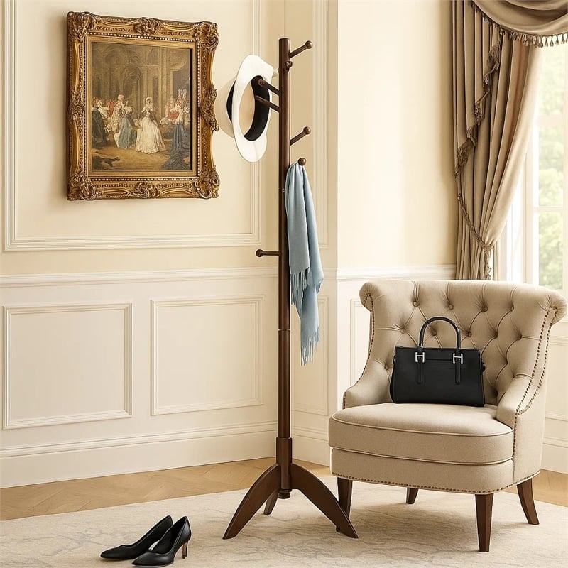Pon 7 Tier Coat Rack w 11 Hooks and Tripod Base- 70 Inch Dark Brown