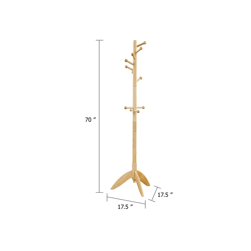 Pon 7 Tier Coat Rack w 11 Hooks and Tripod Base- 70 Inch Natural Brown