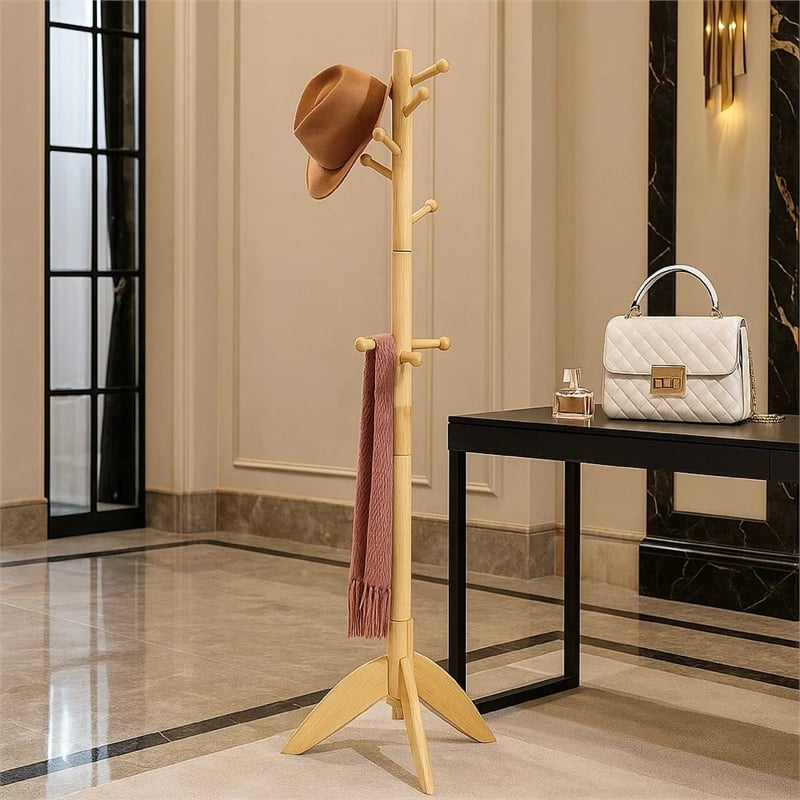 Pon 7 Tier Coat Rack w 11 Hooks and Tripod Base- 70 Inch Natural Brown
