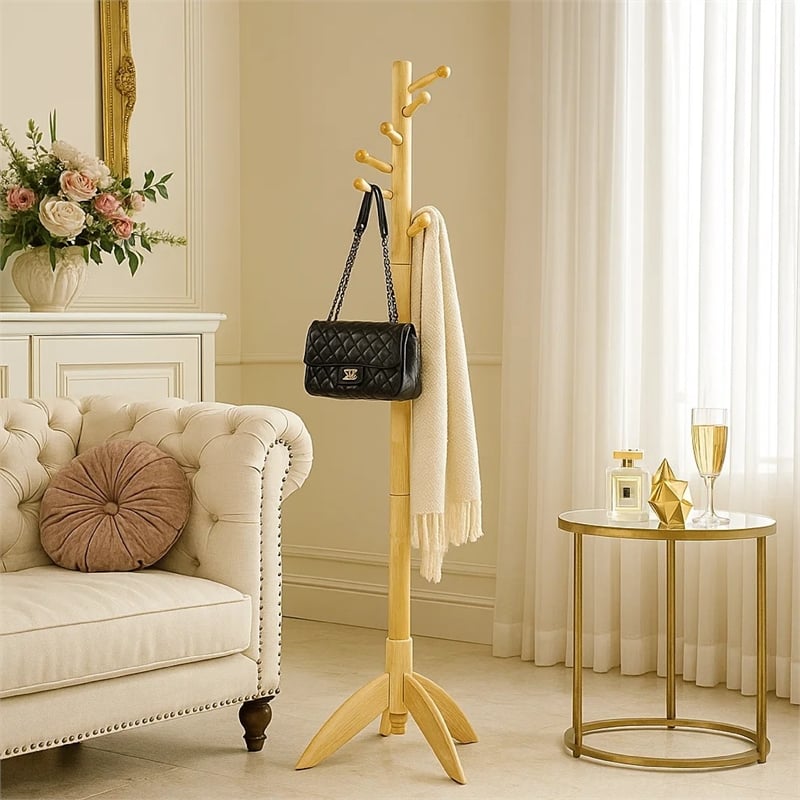 Pon 7 Tier Coat Rack w 11 Hooks and Tripod Base- 70 Inch Natural Brown