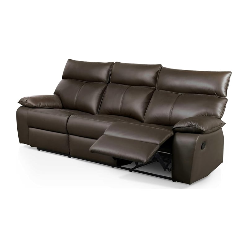 Ozy Manual Recliner Sofa- Pillow Arms- Brown Vegan Leather 88 Inch