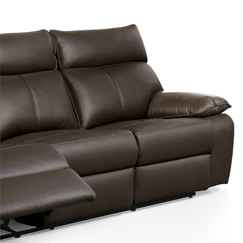 Ozy Manual Recliner Sofa- Pillow Arms- Brown Vegan Leather 88 Inch