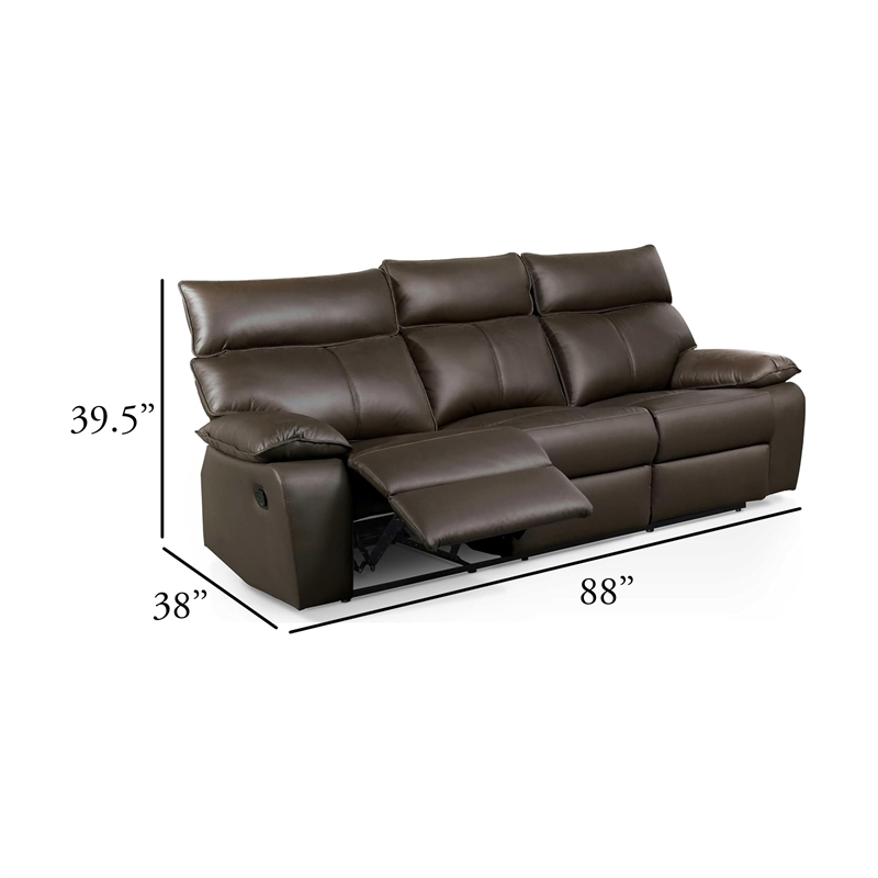 Ozy Manual Recliner Sofa- Pillow Arms- Brown Vegan Leather 88 Inch