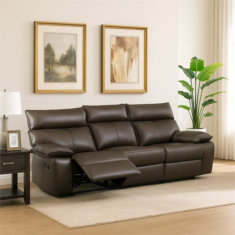 Ozy Manual Recliner Sofa- Pillow Arms- Brown Vegan Leather 88 Inch
