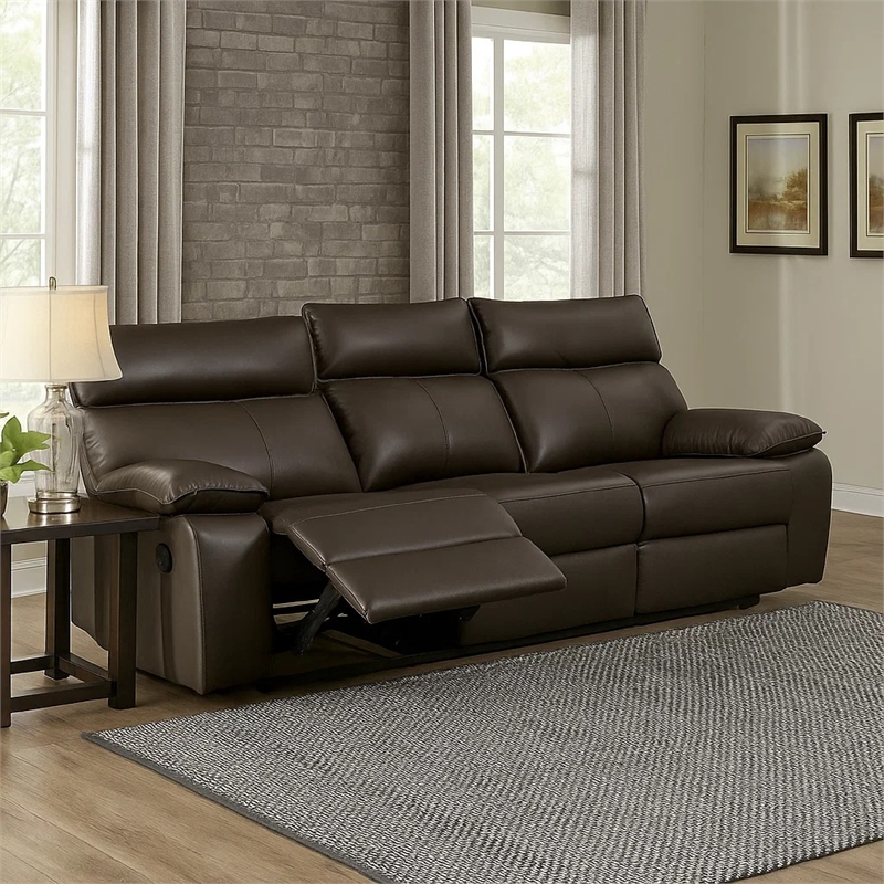 Ozy Manual Recliner Sofa- Pillow Arms- Brown Vegan Leather 88 Inch