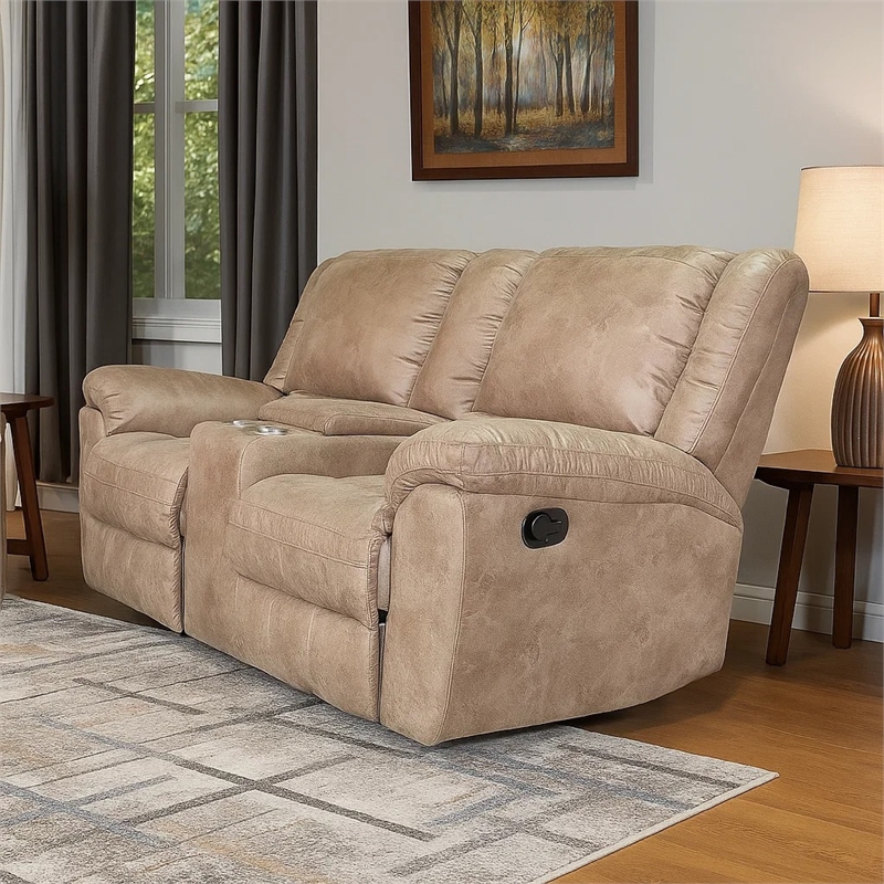 Jem Loveseat with Console- Light Brown Faux Leather- 77 Inch