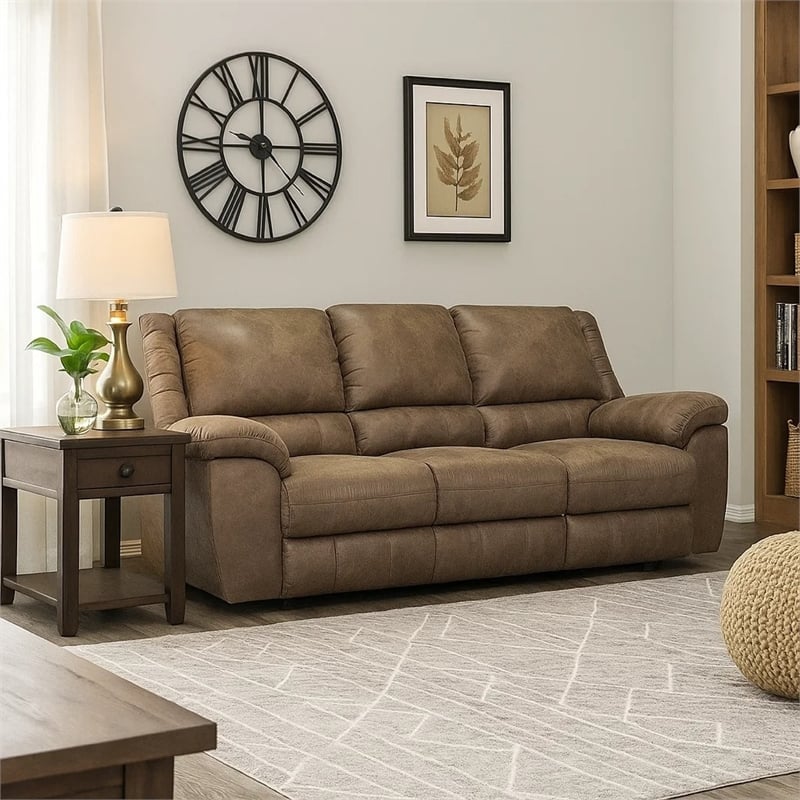 Jem Sofa with Drop Down Table- Light Brown Faux Leather- 87 Inch