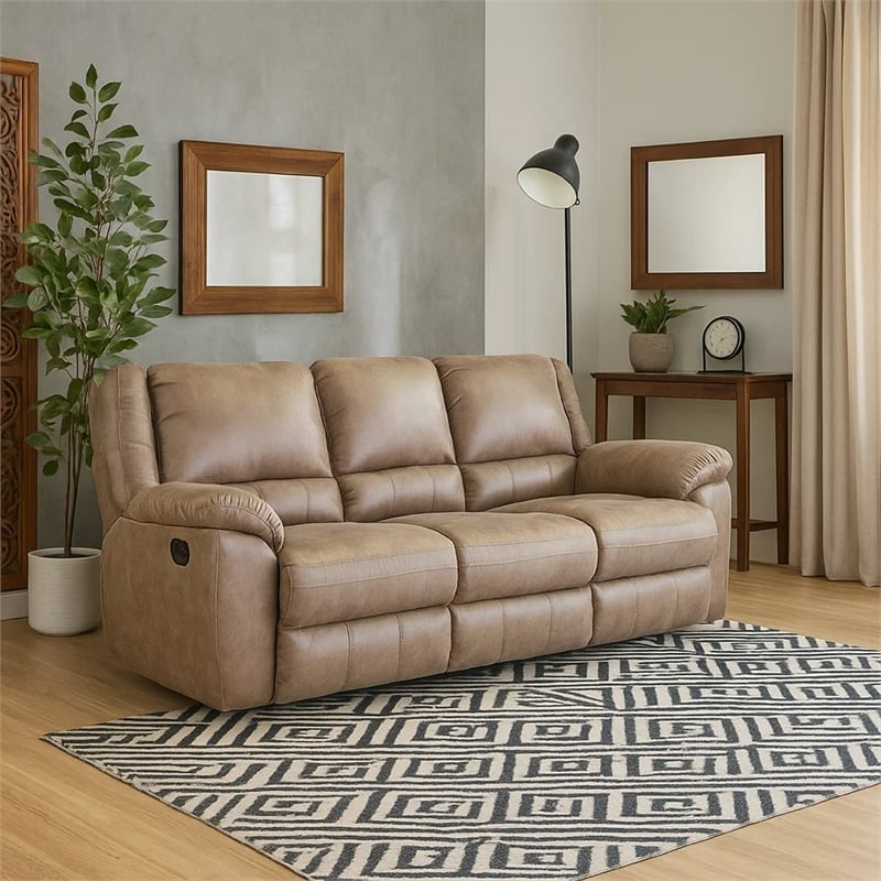 Jem Sofa with Drop Down Table- Light Brown Faux Leather- 87 Inch