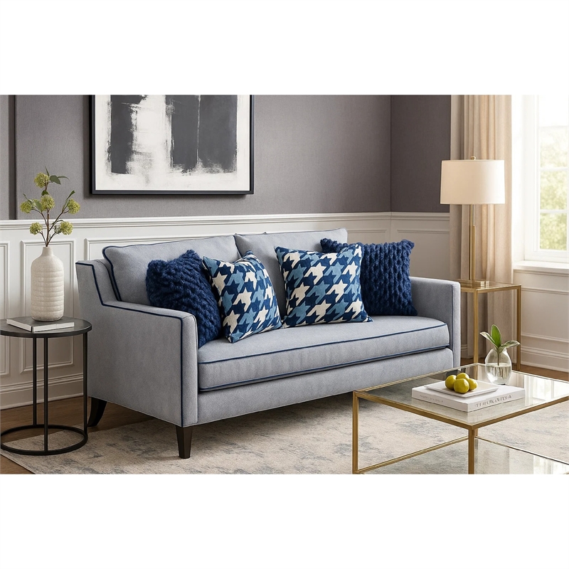 Colin Loveseat- 4 Houndstooth Pillows- Gray Blue Polyester- 68 Inch
