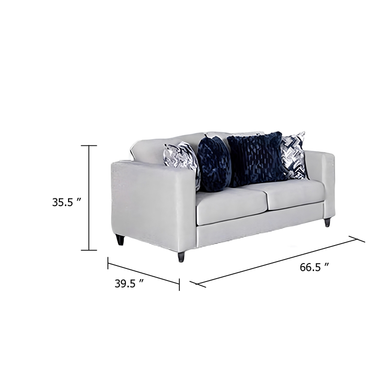 Harie Loveseat- 4 Blue Throw Pillows- Light Gray Chenille- 67 Inch