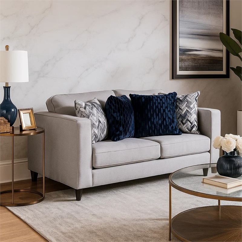 Harie Loveseat- 4 Blue Throw Pillows- Light Gray Chenille- 67 Inch